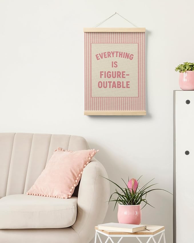 FGFK Preppy Pink Everything Is Figureoutable Inspirational Wall Art Poster Hanger Frame, Girly Pink Striped Positive Affirmations Canvas Prints Framed Wall Decor for Girls Bedroom Dorm, 12x16 Inch