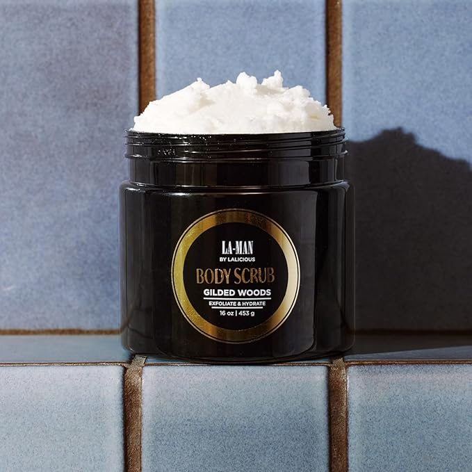 LALICIOUS Gilded Woods La-Man Body Scrub - Exfoliating Sugar Scrub for Men - Body Exfoliator for Dead Skin & Optimal Hydration - Pure Cane Sugar + Coconut Oil - 16oz