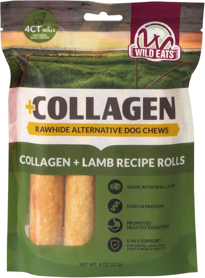 Wild Eats Lamb Collagen Cheek Rolls 5 Inch Dog Chews, 4 Pack, Medium Breed | Long lasting retriever style treats and bones, flavored substitute for pig ears, satisfying snack that keeps pups busy longer