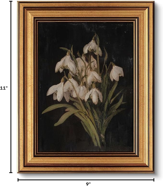 Gold Framed Wall Art, Vintage Snowdrop Flower Canvas Prints, Old World Botanical Still Life Picture Wall Decor, Moody Dark Academia Rustic Floral Artwork for Living Room Bedroom 9x11 inch