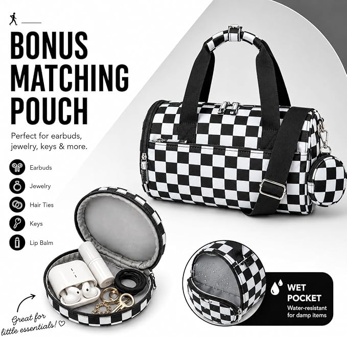 BTOOP Mini Gym Bag for Women, 12-Inch Small Duffle Bag with Wet Pocket and Coin Purse, Lightweight Water-Resistant Workout Bag for Yoga, Pilates, Dance and Travel (Balck-white checkered)