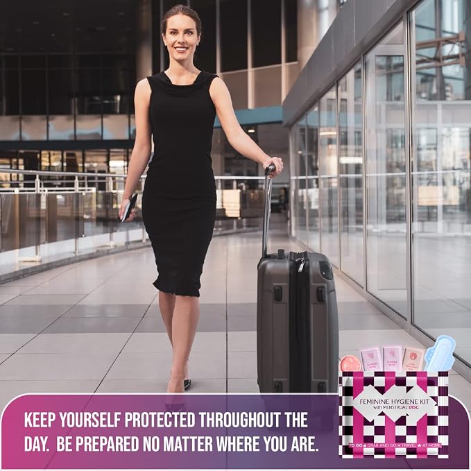 Menstrual Disc Kit with Pad – Single Pack | Convenient On-the-Go Period Essentials | Includes Pads, Feminine Wipes, and Hand Wipe for Complete Hygiene Care (Purple Checkers)