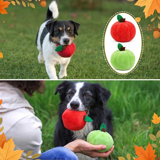 12 Pack Fall Apple Plush Stuffed Squeaky Dog Toys, 3.15 in