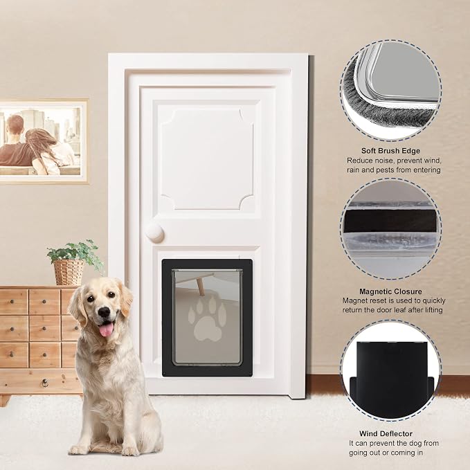 CEESC Medium Dog Door, Snap-in Closing Panel, Up to 35 lbs, Durable, Black | Flap 9.06"x11.38", cut-out 9.56"x12.19". Fits doors 1.25-2.06in. Weatherproof ABS, magnetic seal