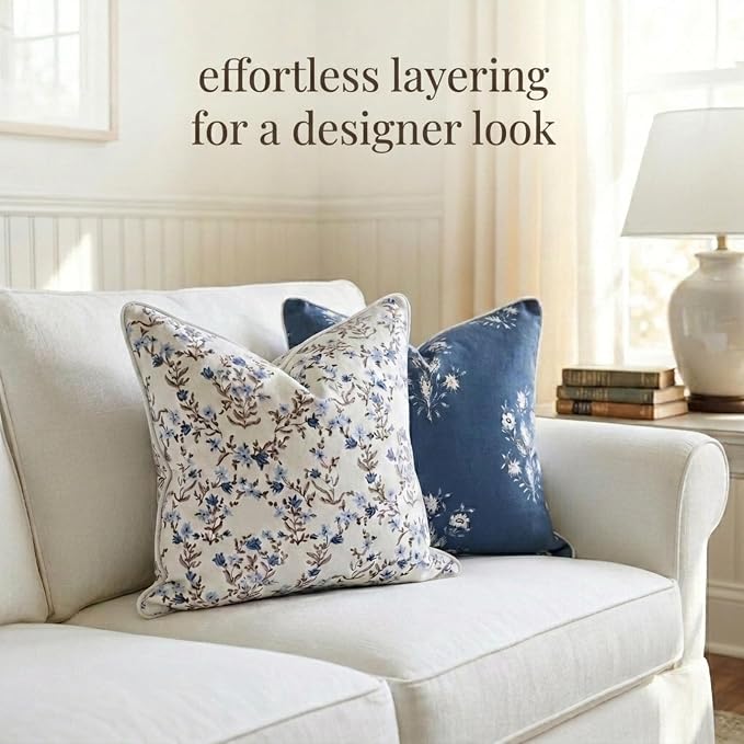 “The Lily” Floral Block Print Pillow Cover – Soft Blue and White Decorative Throw Pillow Cover – Grandmillennial Home Decor, 20" x 20"