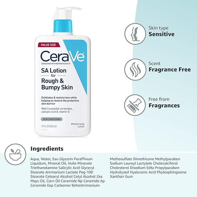 CeraVe SA Lotion for Rough & Bumpy Skin,Vitamin D,Hyaluronic Acid,Lactic Acid,Niacinamide & Salicylic-Acid,Gentle Exfoliating Rough And Bumpy Skin Lotion,19 Ounce,(Pack of 2)