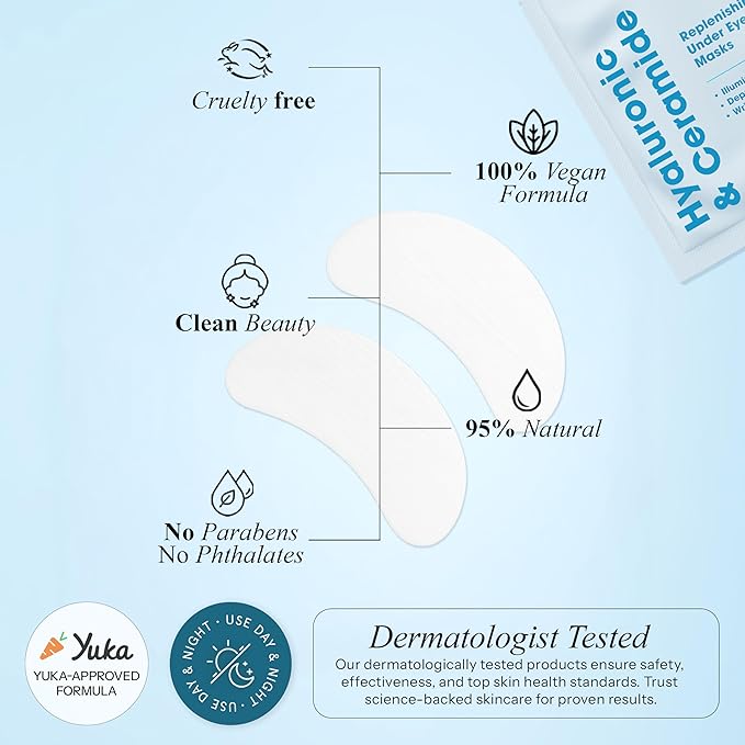 Hyaluronic Acid & Ceramide Under Eye Patches - Dermatologist Tested, Anti Aging, Korean Skin Care - Anti Wrinkle Pads For Puffy Eyes And Under Eye Bags - Vegan, Clean Beauty - 15 Pairs