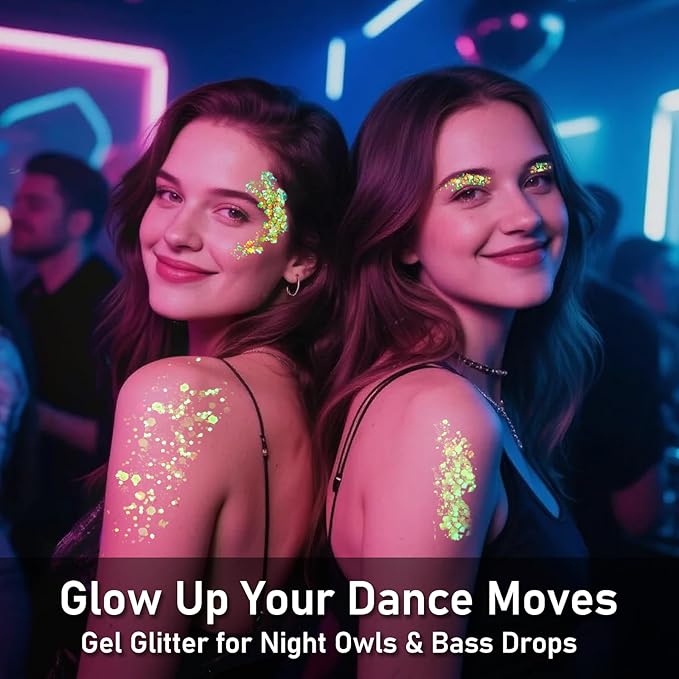 12 Colors Glow Body Glitter Gel, Glow in The Dark Hair Face Glitter Gel, Rave Accessories for Festivals Carnival UV Black Light Party