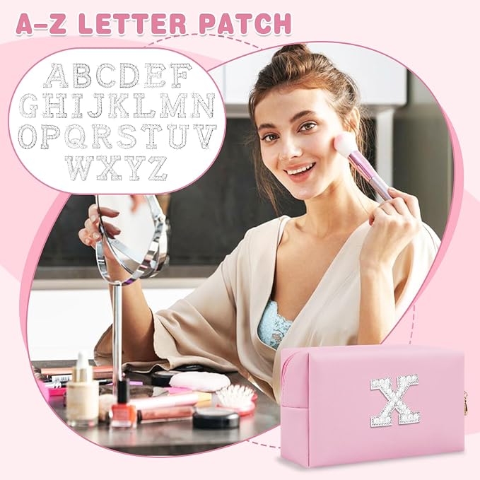 ChaoGreat Bride Gifts – Personalized Initial Makeup Bag with Pearl Rhinestone Patch, Preppy Pink Monogram Cosmetic/Toiletry Pouch, bridesmaid Gifts, Bridal Shower Gifts, Wedding Gifts, Bridal Gifts,X