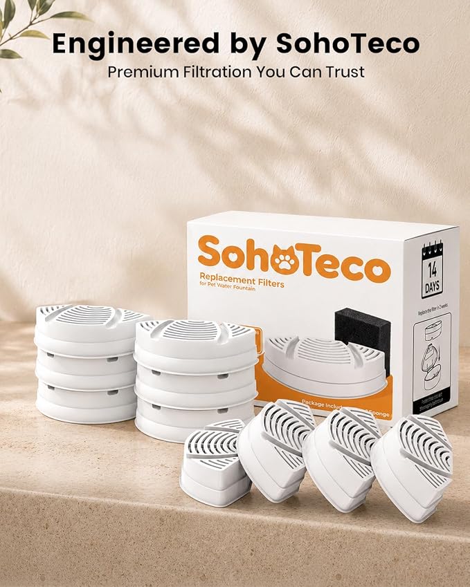 Official Replacement Filters for Pet Water Fountain | 15 Pack Replacement Filters - Self-Designed Filtration System - Easy Filter Changes - Compatible with SohoTeco Fountain