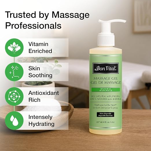 Bon Vital' Naturale Massage Gel, 8 oz Bottle with Pump, Hypoallergenic & Paraben-Free, Natural Massage Lotion Alternative with Botanical Extracts, Lightweight & Non-Greasy Formula, for Sensitive Skin