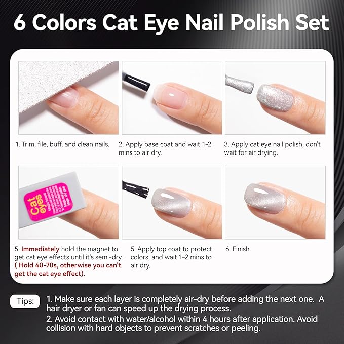 Nail Polish Set 6 Colors Black White Silver Gray Sparkle Cat Eye Glitter Shimmer Nail Polish Kit with Magnet, Quick Air Dry Non Gel, Nail Art DIY Home Travel Manicure Gift for Women Girls