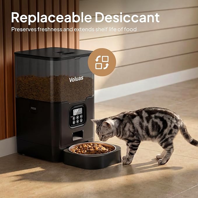VOLUAS Automatic Cat Feeder, 6L Timed Dry Food Dispenser for Cats & Dogs | Programmable Portion Control, Up to 4 Meals Daily, Dual Power Supply, Power-Off Memory, 10-Second Voice Recorder