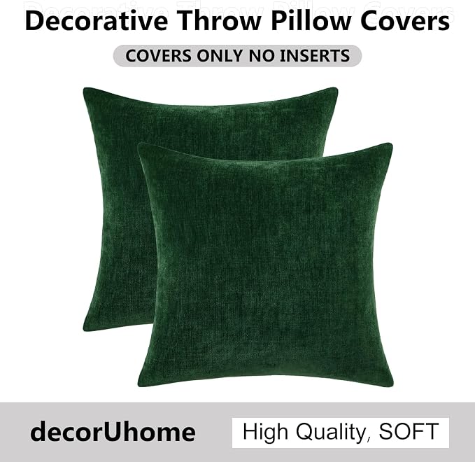 decorUhome Soft Chenille Christmas Green Throw Pillow Covers 22X22 Set of 2 | Decorative Fall Couch Pillow Covers Solid Dyed Accent Modern Euro Sham Farmhouse Neutral Square Pillow Cases for Sofa
