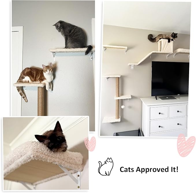FUKUMARU Cat Wall Shelves, 4 in 1 Set, Beige | Stable & Safe Cat Walls Furniture, Wooden Kitten Climbing Wall with Scratching Post for 16 Inch Drywall