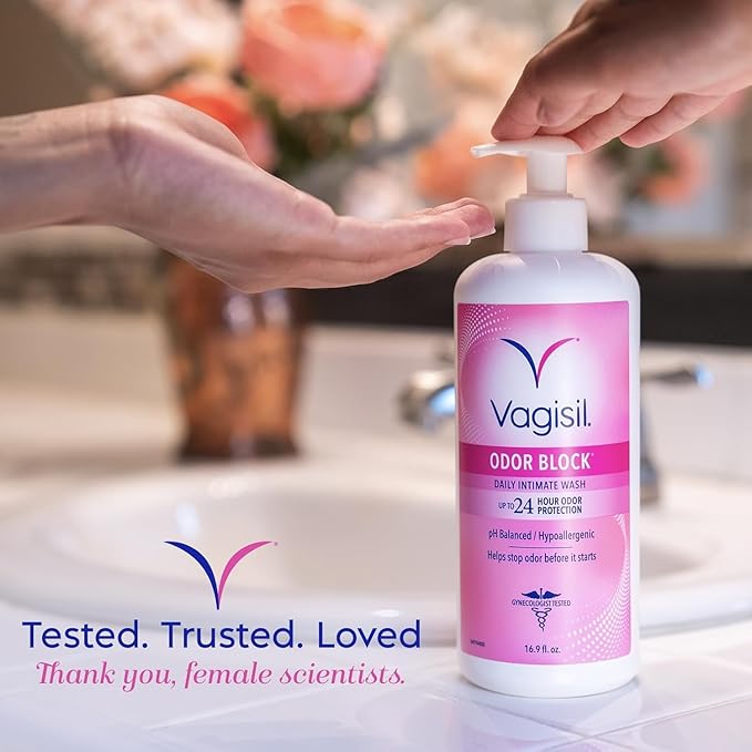 Vagisil Feminine Wash for Intimate Area Hygiene, Odor Block, Gynecologist Tested, Hypoallergenic, 16.9 oz with Pump (Pack of 2)