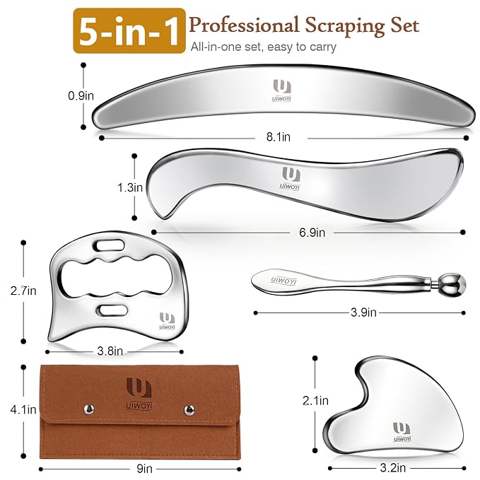 5 in 1 304 Stainless Steel Gua Sha Tools Set, Premium Facial & Full Body Scraping Massage Kit with Zinc Alloy Eye Massage Roller and Storage Pouch for Home Gym Daily Self Care