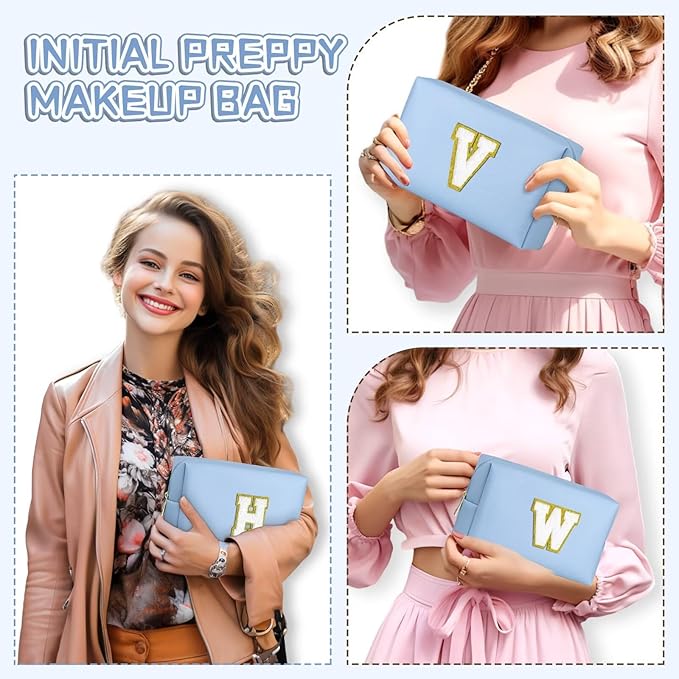 TOPEAST Makeup Bags for Women, Personalized Initials Travel Makeup Bag Cosmetic Bags for Women Birthday Gifts for Women (Sky Blue M)