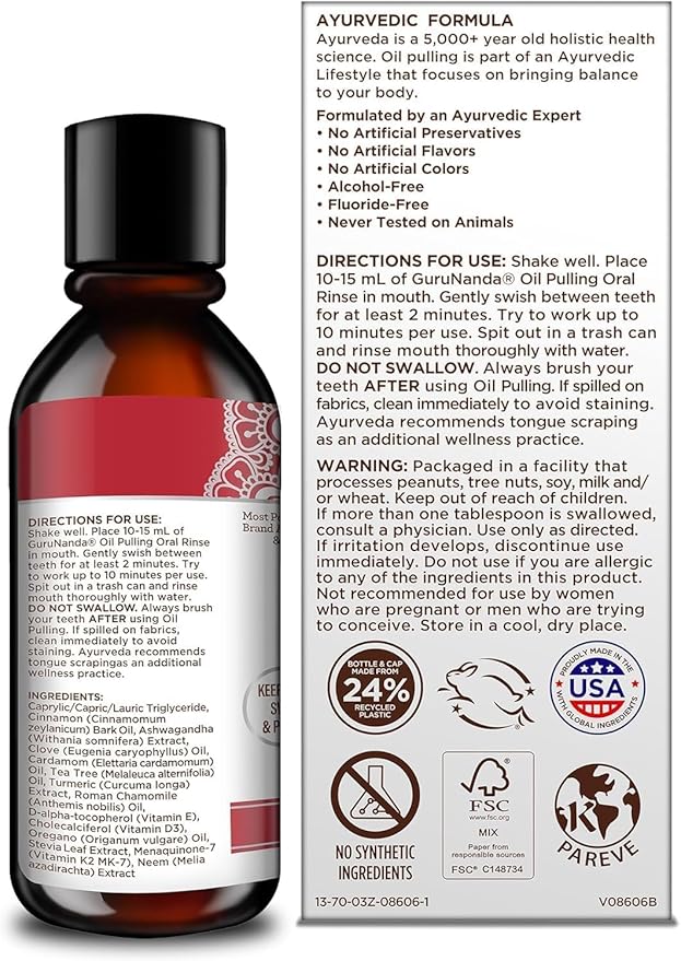 GuruNanda Cinnamon Oil Pulling Travel Sized Mouthwash, Promotes Calmness, with Neem & Ashwagandha for Fresh Breath & Happy Gums, Alcohol-Free, TSA-Friendly, 3 Oz