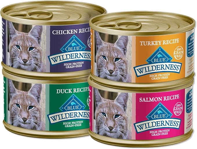 Blue Buffalo Wilderness Variety Pack Adult Paté Wet Cat Food, 3 oz, 24 ct | Chicken, Salmon, Duck & Turkey (6 of Each), High Protein & Grain-Free Recipe, Supports Energy for an Active Life