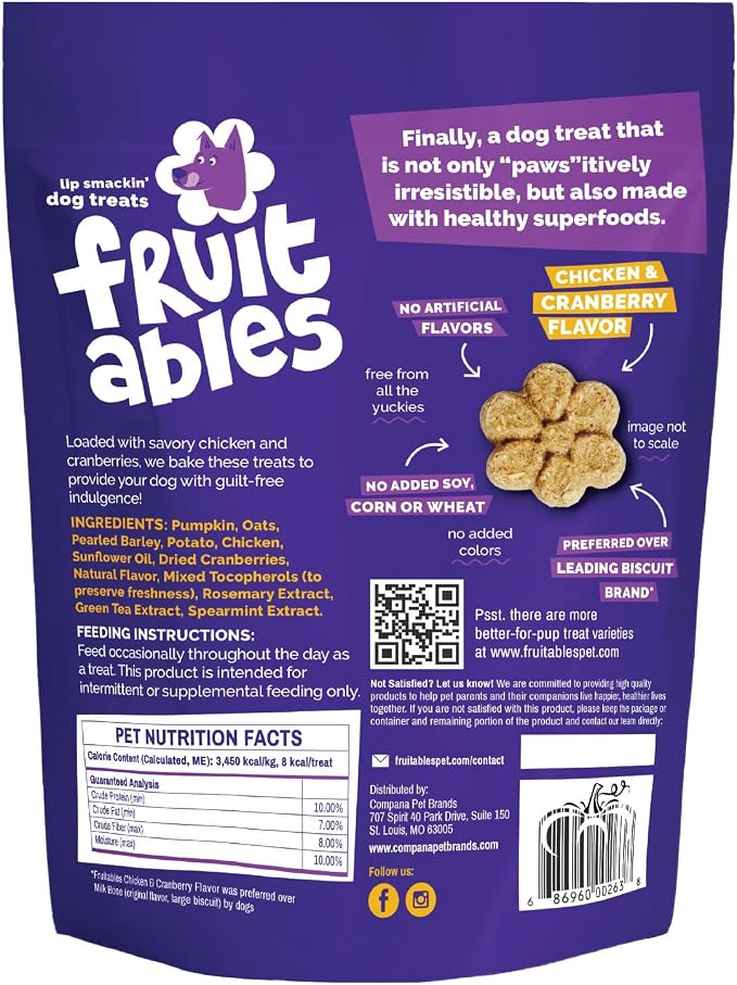 Fruitables Baked Dog Treats, Healthy Pumpkin Treat for Dogs, Low Calorie & Delicious, Made Without Wheat, Corn and Soy, Made in The USA, Allergy Friendly, Chicken and Cranberry Flavor, 7 oz | Healthy Dog Treats, Training Treats, Crunchy Dog Biscuits, L...
