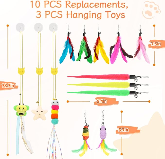 Atosun Interactive Cat Toys, 15PCS Cat Wand and Feather Toys for Indoor Cats, Reusable Suction Cup Toys for Kittens Play Exercise