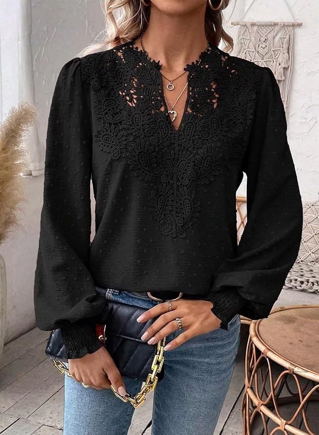 Womens Tops Swiss Dot Boho Long Sleeve Shirts V Neck Casual Chiffon Blouses Flowy Lace Hem Cute Clothing Trendy 2026