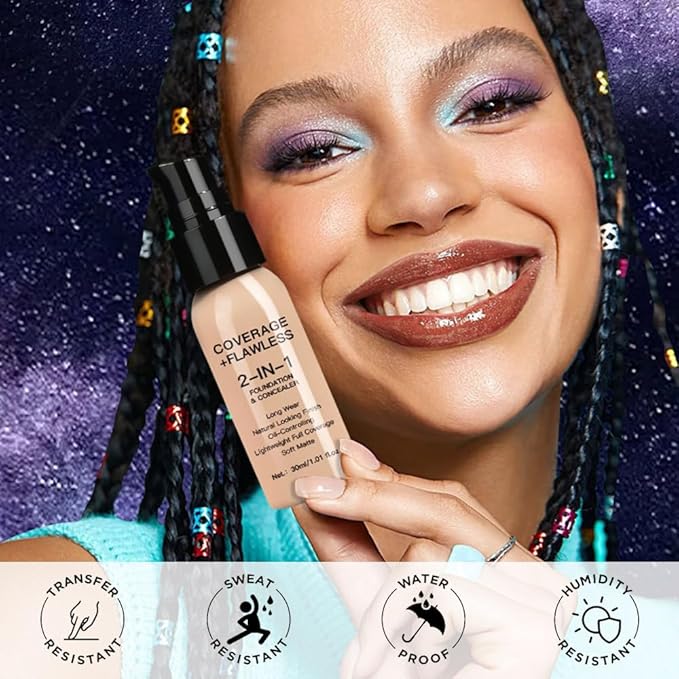 2 in 1 Foundation Concealer, Lightweight Creamy Long Lasting Face Makeup for Combination Oily Skin, Conceals Dark Circles Under Eyes Dark Spots and Blemishes, Vegan Cruelty-Free, Tan Beige