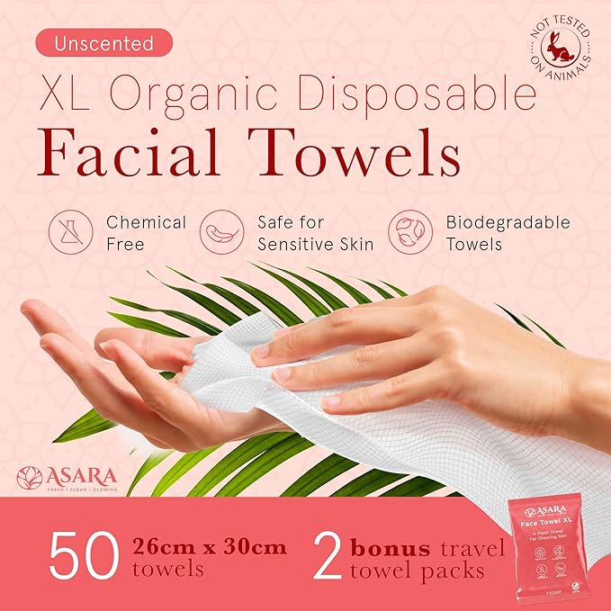 Clean Face Towels Disposable XL Facial Wipes | Add Water As a Makeup Remover | Sensitive Skin Face Towels | Organic Vegan Biodegradable - Clean Daily Towelettes | by Asara (50 Count)