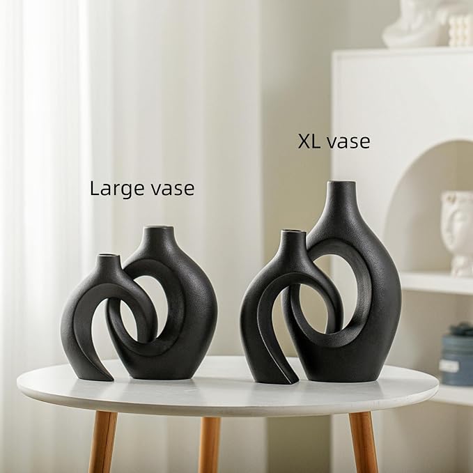 Lvases Snuggle Hollow Modern Ceramic Vase Set of 2, Nordic Aesthetic Vase | Mid Century Decorative Vases for Home Decor House Book Shelf Office Coffee Dining Fireplace ( Matte Black W 6.8" X H 11" )
