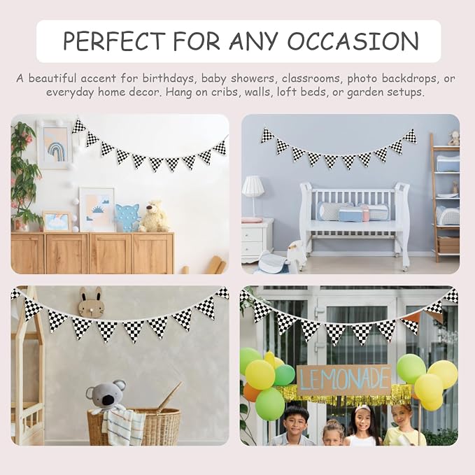 Boys Room Wall Art Decor,Cars Room Decor for Toddler Nursery Playroom, Black and White Checkered Classroom Garland Banners,Racing 11Ft Bunting Flags Fabric for Baby Shower Birthday Party