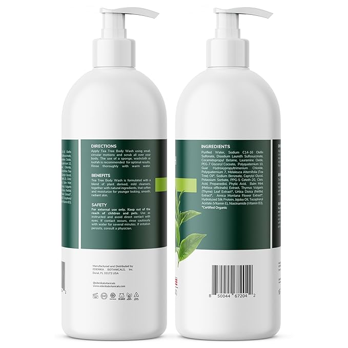 EDENIKA BOTANICALS Tea Tree Body Wash (16 fl oz) Natural Antifungal Support Wash for Athlete’s Foot, Ringworm & Jock Itch, Refreshes & Soothes, Organic Tea Tree Oil, Men & Women