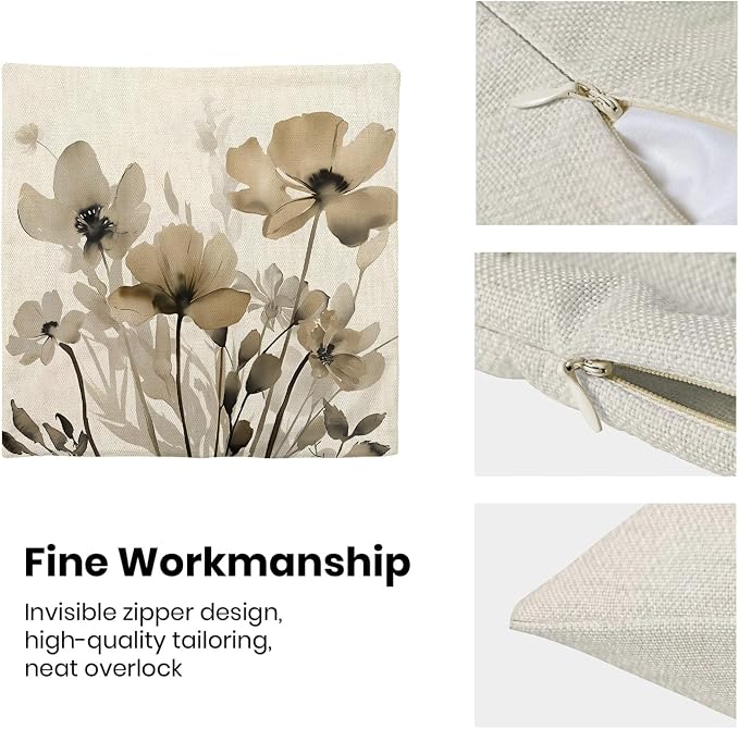 Spring Floral Pillow Covers 18x18 Inches Set of 2,Brown Floral Throw Pillow Covers Outdoor Summer Flower Decoration Pillowcase Farmhouse Decorative Square Linen Cushion Cover for Couch Sofa