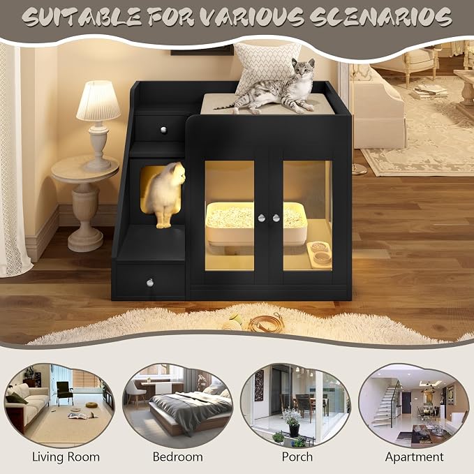 Cat Litter Box Enclosure with Light, Hidden Litter Box Furniture with 2 Storage Drawers & Smart Doors, Cat House Side Table for Living Room Entryway (Black)