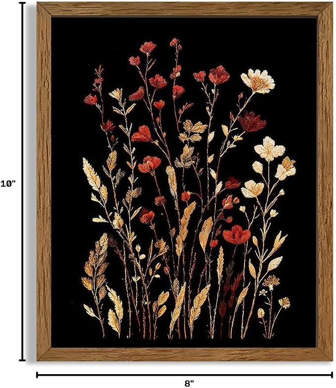 JLTULT Black Floral Wall Art, Vintage Wildflower Framed Canvas, 8 x 10 in | Black-background wildflower art on fade-resistant canvas with a ready-to-hang solid wood frame for bedrooms and bathrooms
