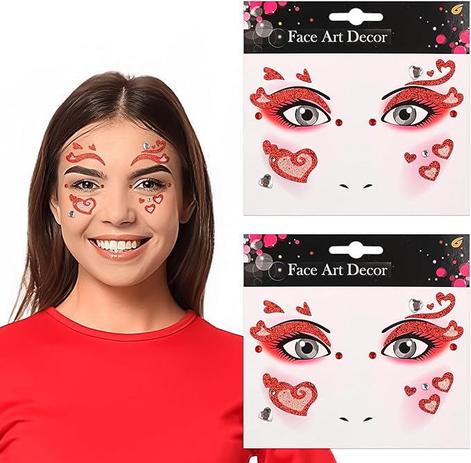 Valentine Face Gems Face Jewels Stickers Red Love Heart Lip Self Adhesive Eye Body Face Nail Hair Crystal Rhinestones for Makeup Festival Glitter Face Art Decor 2Sheets (style4)