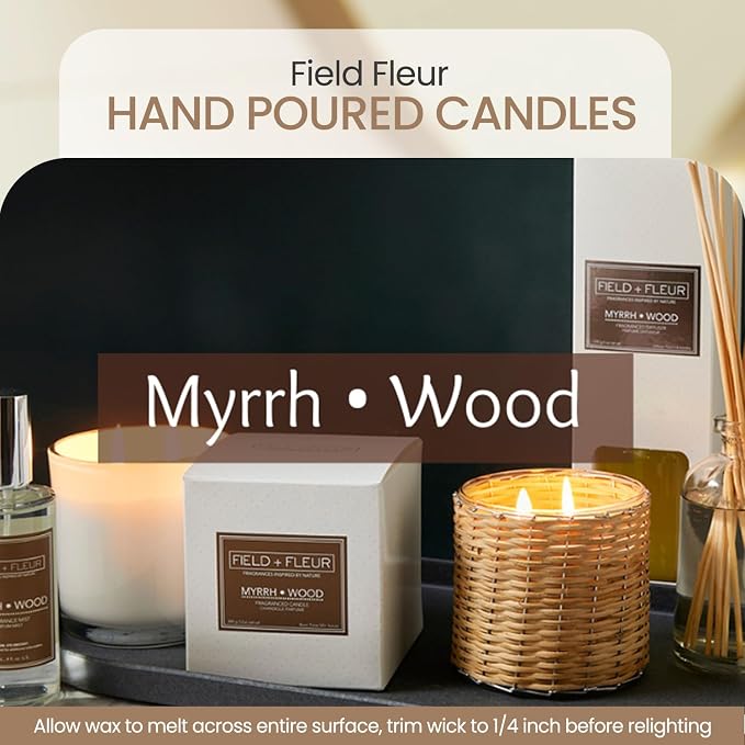 Myrrh Wood Scented Candle – Luxury 12oz Soy Wax, 2-Wick Handwoven Glass Jar, Earthy Patchouli and Myrrh with Warm Amber and Sandalwood – Santal Candle, 75+ Hour Clean Burn, USA Made