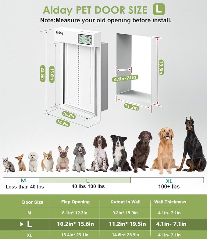Automatic Dog Door for Wall with Sensor Collars, Large Smart Pet Door for Wall, Custom Scheduling & Anti-Pinch, Fits Large Dogs up to 100 lbs(L)