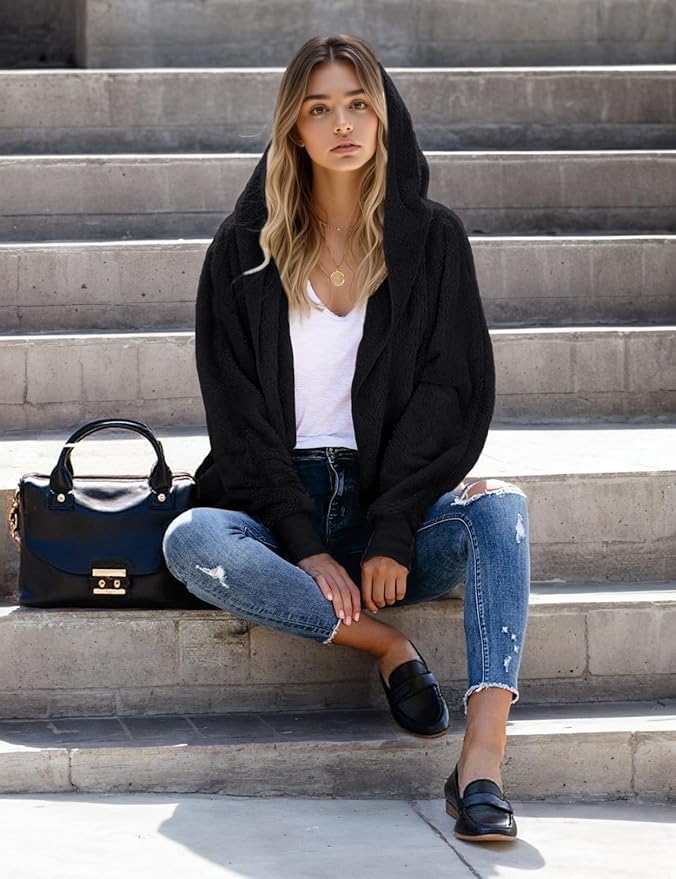 Zilcremo Women Hooded Cardigan Fuzzy Jacket Winter Open Front Fleece Coat Outwear with Pockets