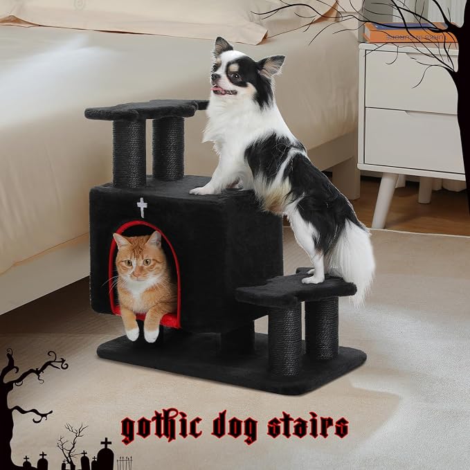 Gothic 3-in-1 Cat Stairs with Scratching Post & Condo, Pet Steps | Pet Steps for High Beds, Sofa, Couch, Tall Cat Tower, High-Strength Boards for Indoor Small Cats Kittens Dogs Climbing Play