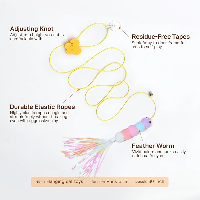 Potaroma Interactive Cat Feather Toys 5 Pcs, Cat Teaser Retractable Hanging Indoor Kitten Play Chase Exercise, Mental Physical Stimulation for All Breeds and Species (Pack of 2)