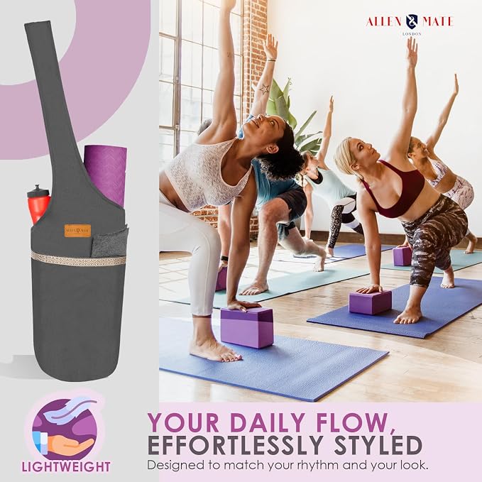 ALLEN & MATE 100% Cotton Canvas Yoga Mat Bag - Shoulder Strap Carrier Large Size Pocket Zipper Storage Yoga Bag holds more Accessories & Pilates Mats