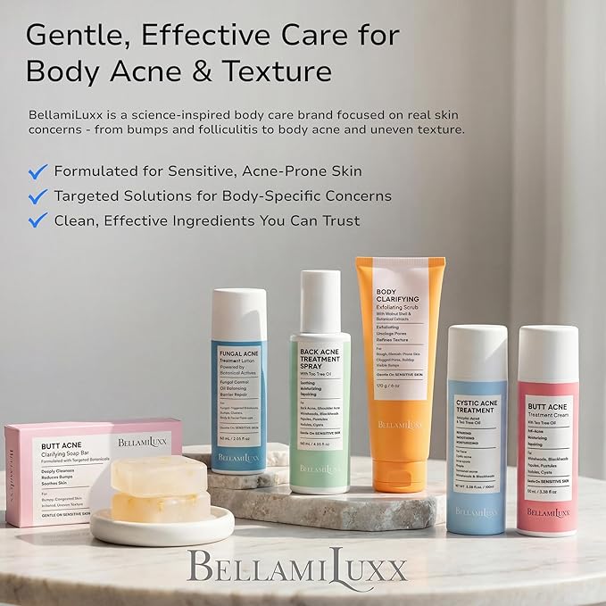 BellamiLuxx Fungal Acne Care 2-Step Routine: Helps with Bumps, Clusters, Itch & Redness – Body Acne Scrub + Lightweight Anti-Fungal Face & Body Lotion for Fungal Skin with Natural Actives