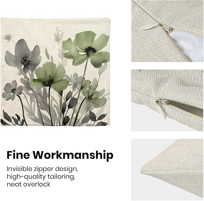 Spring Floral Pillow Covers 18x18 Inches Set of 2 Gray Sage Green Floral Throw Pillow Covers Outdoor Rustic Summer Flower Decoration Pillowcase Farmhouse Decorative Cushion Cover For Home Sofa