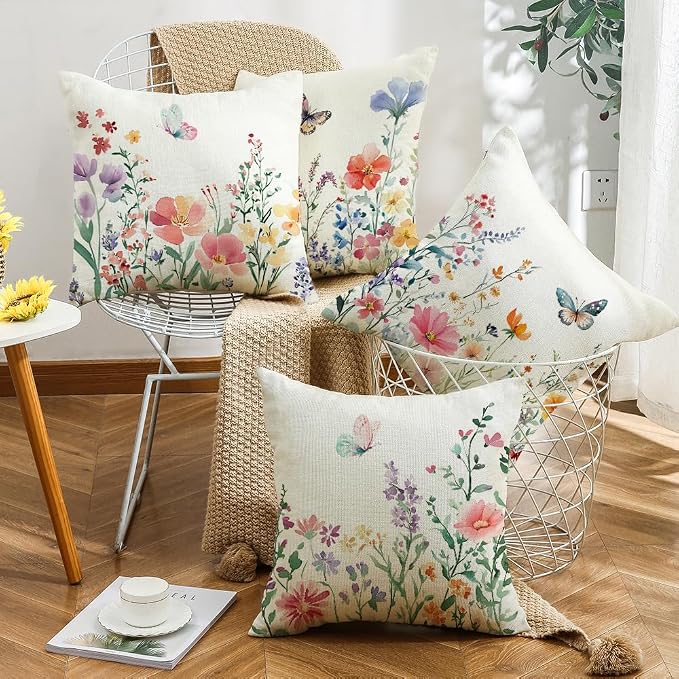 wyooxoo Spring Pillow Covers 18x18 Set of 4 Summer Farmhouse Throw Pillow Covers Floral Butterfly Decorative Cushion Cases for Sofa Couch Patio Bedroom