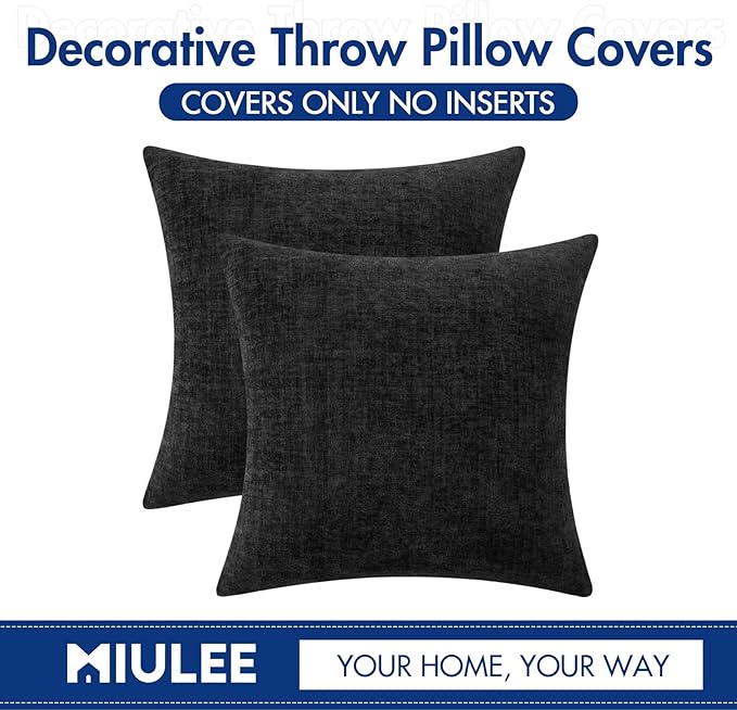MIULEE Soft Chenille Throw Pillow Covers Black 16x16 Inch Pack of 2 | Modern Home Decor, Classic Decorative Pillows, Solid Dyed Cases, Boho Couch Cushion Covers for Sofa Bed Living Room