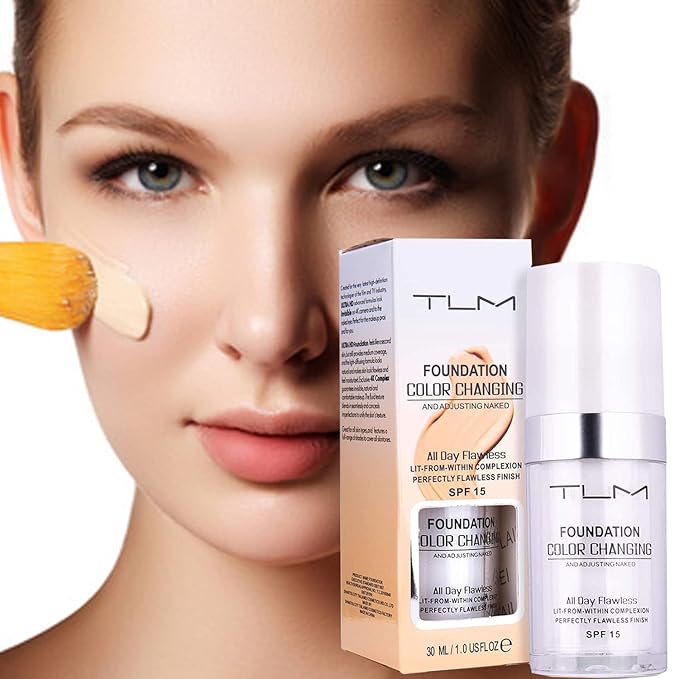 2Pcs 30ml TLM Colour Changing Foundation Makeup Concealer Cover Cream Full Coverage Flawless Liquid Base Nude Face Liquid Cover Concealer Change Skin Tone All-Day Moisturizing Foundation for Women&Girls