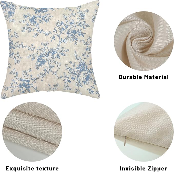 Baby Blue and Cream Flower Pillow Covers 18x18 Set of 2 Chinoiserie Floral Decorative Throw Pillows Vintage Toile Flower Pillowcase Linen Outdoor Farmhouse Cushion Cover for Couch Sofa Decor