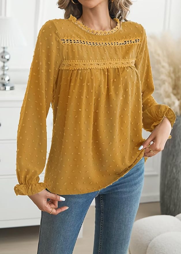 Womens Boho Tops Long Sleeve Shirts For Women Cute Crewneck Blouse Dressy Casual Swiss Dot Crochet Hollow Top 2026