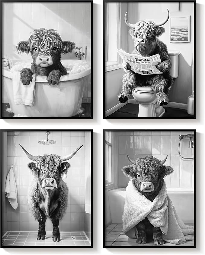 Framed Funny Highland Cow Bathroom Wall Art, 4 Piece Black and White Canvas Painting Prints, Fun Western Cow on Toilet in Bathtub Picture for Western Rustic Farmhouse Bathroom Home Decor, 11x14 Inch